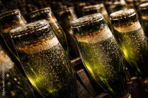 Fermentation in progress with champagne bottles rotating closely viewed