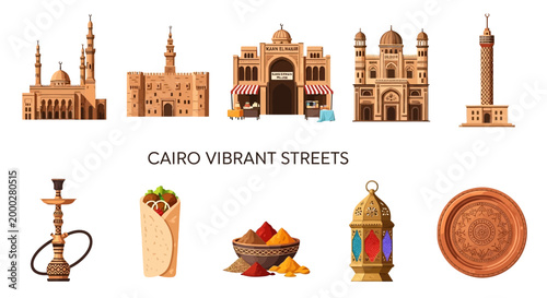 Cairo vibrant streets and landmarks icons.