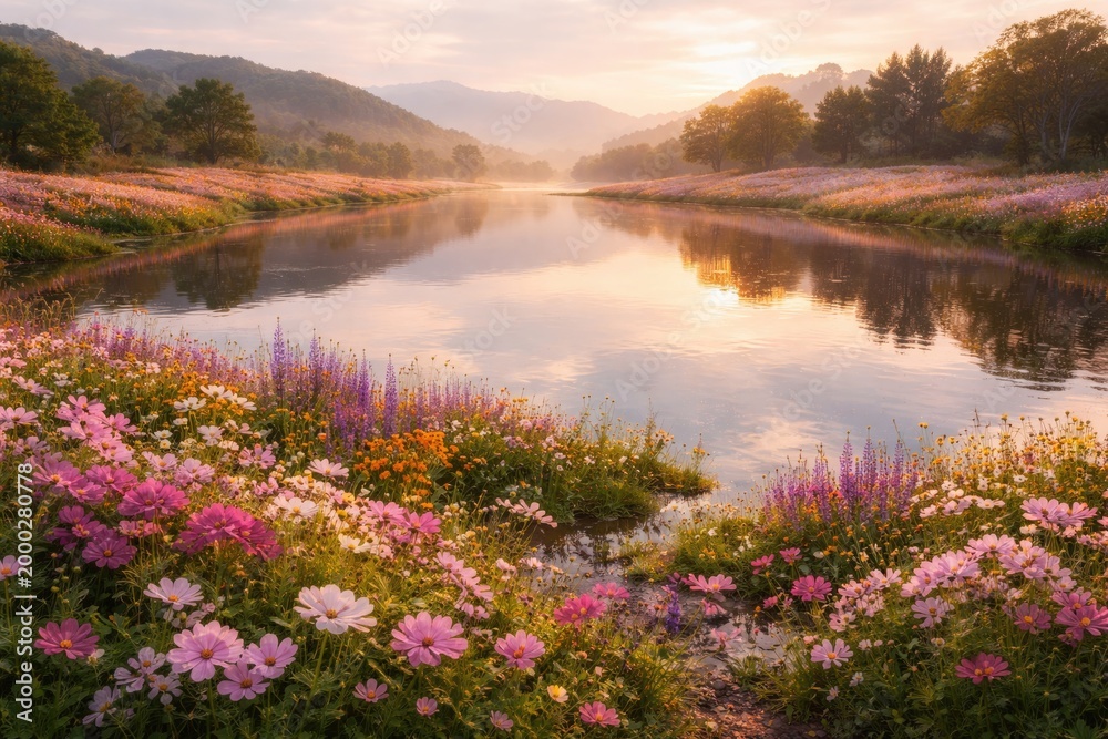 Obraz premium Expansive blooming flower landscape with calm lake reflecting soft light