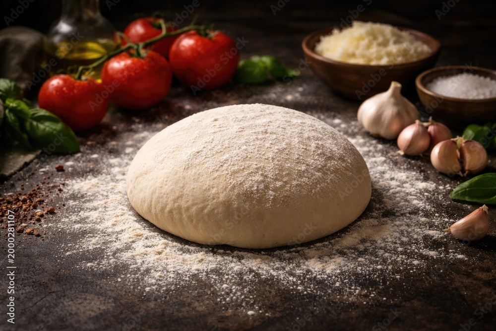 Obraz premium Freshly made pizza dough on dark kitchen surface with flour tomatoes garlic and copy space