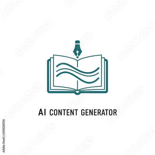 Ai content generator icon featuring open book and pen nib with wavy text lines.