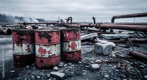 Industrial Waste Oil Barrels in Abandoned Factory Pollution Scene