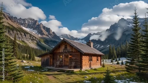 A rustic cabin in a mountain retreat serves as a wooden lodge set against a scenic natural landscape