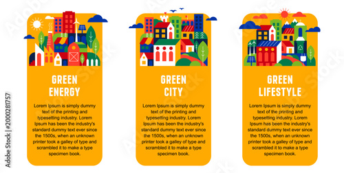 Eco infographic with green city, energy and lifestyle concepts in flat geometric style, environmental sustainability templates