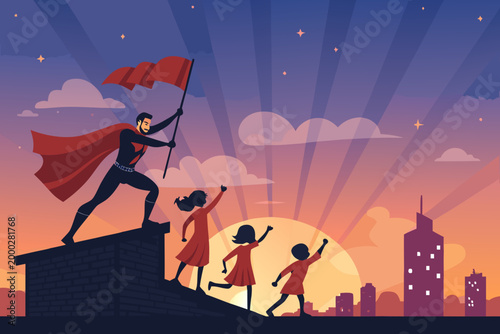 Superhero Team Pose Scene With All Children Striki