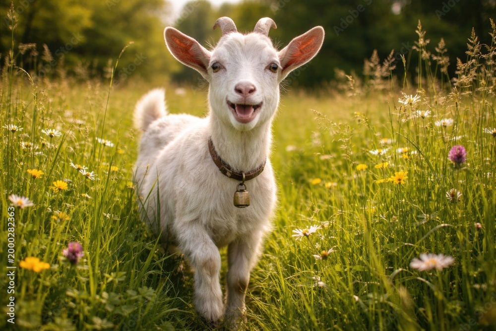 Fototapeta premium Cheerful goat pet exploring tall green grass in full length summer meadow