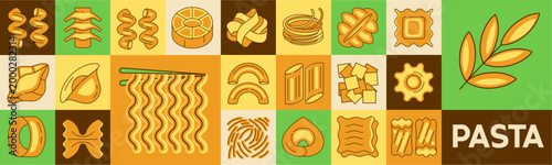 Italian pasta mosaic seamless pattern, banner with colorful food ornament, spaghetti,