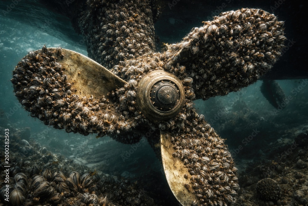Fototapeta premium Invasive zebra mussels densely attached to rotating yacht propeller blades