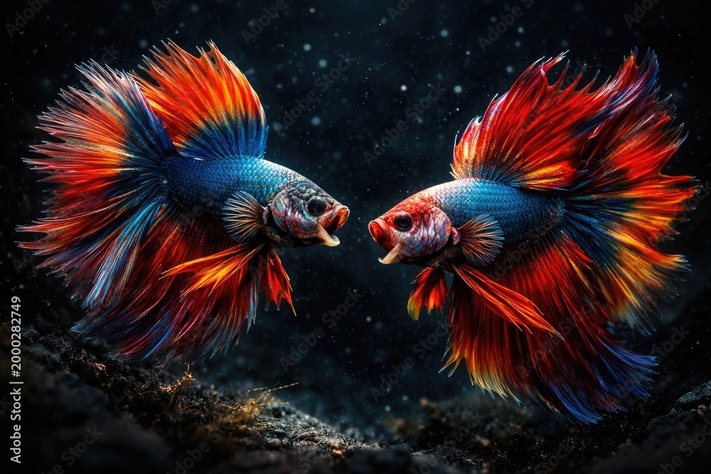 Fototapeta premium Brightly colored fish in combat pose against a deep dark backdrop