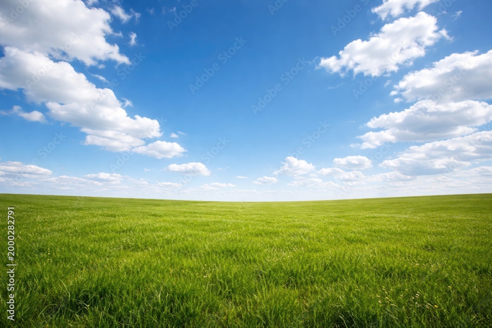 Obraz premium Open green grassy field set against a bright blue sky featuring white clouds and copy space for text