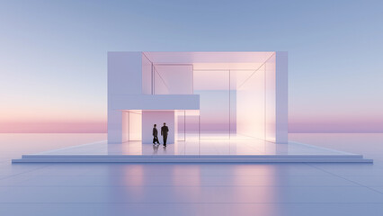 Modern glass house architecture at sunset with business people walking in minimal scene. Concept of luxury property marketing, real estate showcase, design aesthetics and premium lifestyle.
