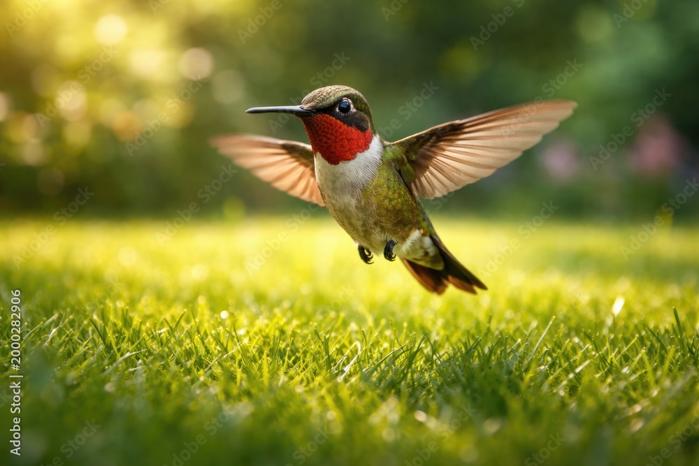 Fototapeta premium Happy pet hummingbird hovering above fresh green grassy lawn on a warm summer day with full length view