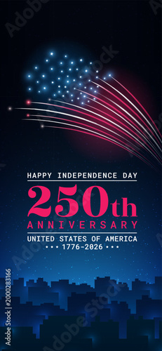 Banner 250th anniversary of the USA. 250 years of independence. 4th of july 2026 usa independence day, vector greeting card. US flag fireworks over cityscape. Blue sky background. Fourth of july