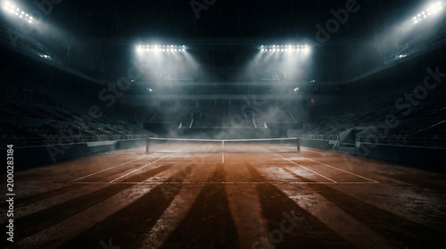 empty indoor tennis court with bright overhead lighting and professional flooring