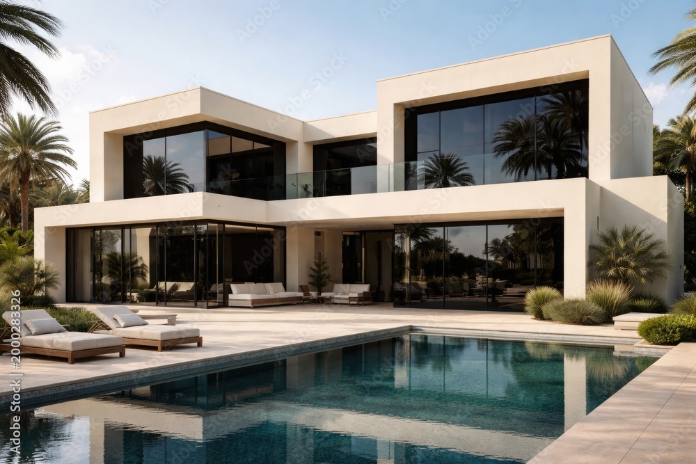 Fototapeta premium Cream exterior villa with minimalist design and reflective black glass windows
