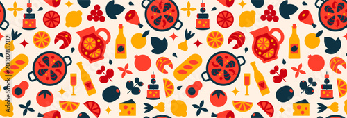 Seamless market food pattern in geometric colorful style, abstract Mediterranean grocery background with Spanish cuisine