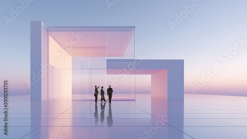 Cuadro en lienzo Business team discussing modern glass architecture project in pastel futuristic environment