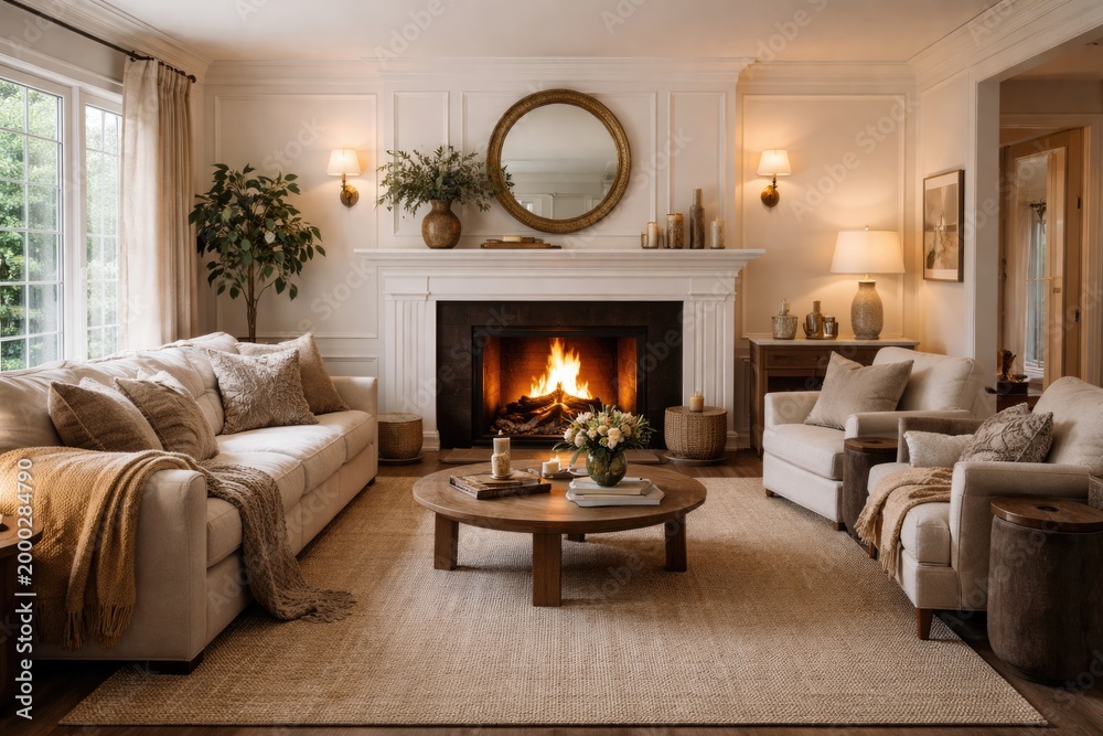 Fototapeta premium Homey family room boasting a modern fireplace and elegant mantel