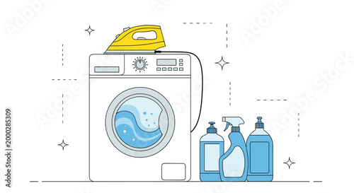 Laundry day concept featuring a white washing machine with a yellow iron on top and various blue detergent bottles on a clean background.