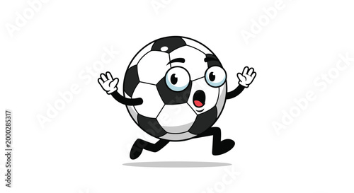 Funny cartoon soccer ball character with big eyes and a surprised expression running quickly across a white background with a small shadow.