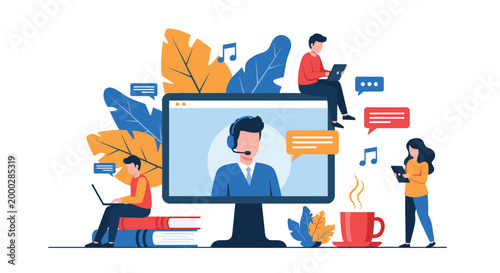 Online customer service and remote work illustration showing several people with laptops and headsets communicating around a large screen.
