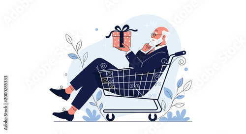 Cheerful elderly man in a business suit sitting in a shopping cart and holding a decorated gift box among soft blue plants and shapes.