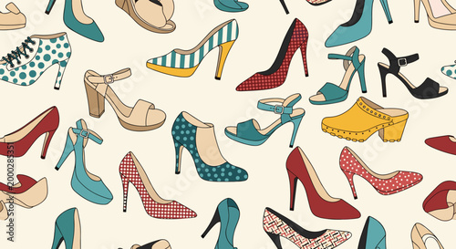 Stylish seamless pattern featuring a diverse collection of women's shoes, including high heels, pumps, sandals, and clogs.