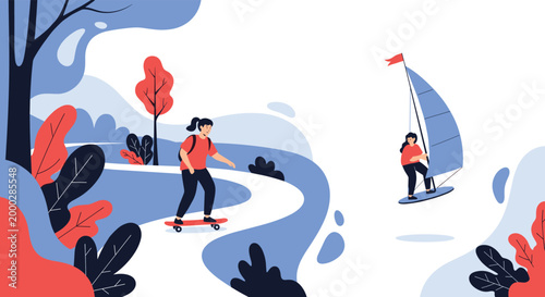 Active woman is skateboarding on a park path while another woman enjoys windsurfing on the water in a stylized landscape with autumn leaves.