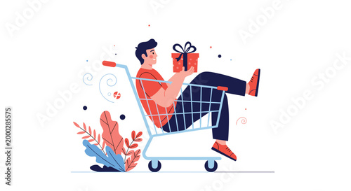 Happy man sits inside a blue shopping cart while holding a red gift box decorated with a ribbon against a background of festive plant shapes.