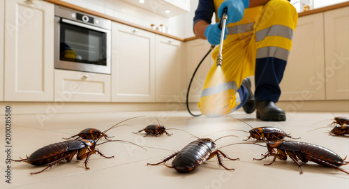 Pest control professional spraying cockroaches in a kitchen. Worker uses insecticide to eliminate a home roach infestation. Extermination service concept ideal for home maintenance marketing.