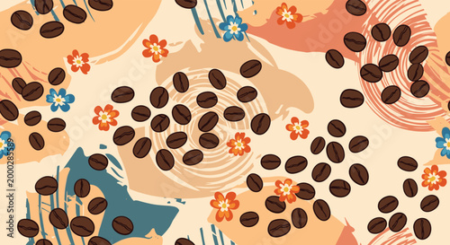 Seamless pattern features roasted coffee beans scattered among abstract brushstrokes and small orange and blue flowers for a rustic cafe theme.