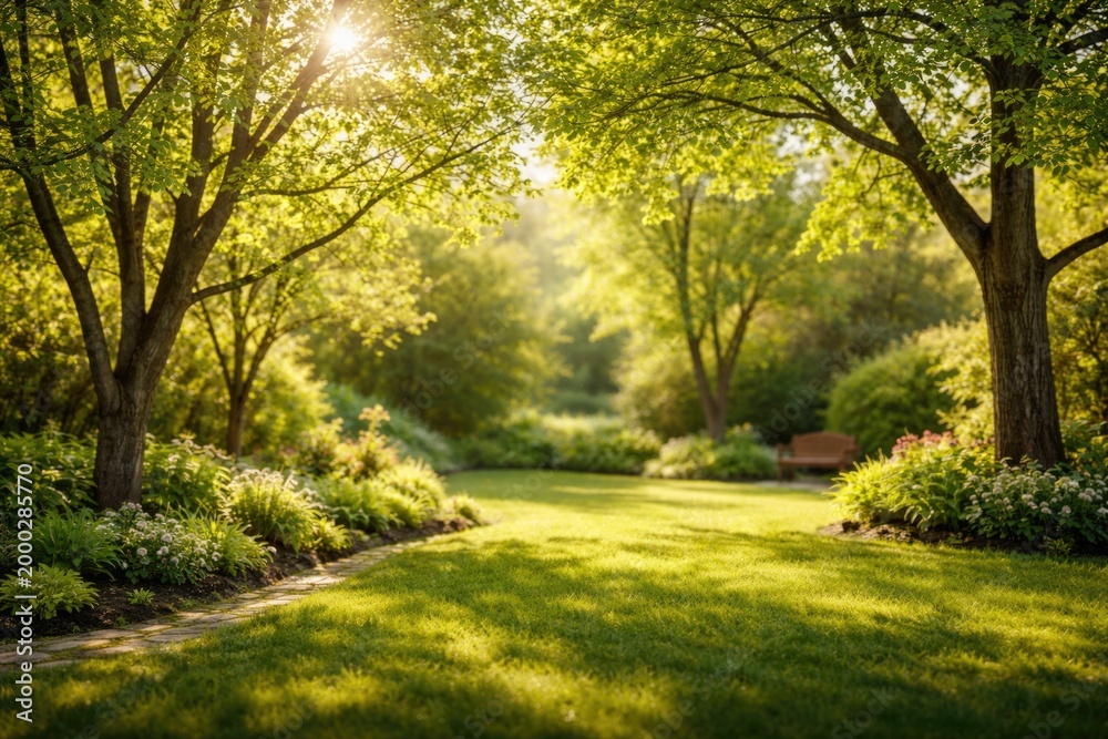 Obraz premium Backyard garden full of sunlit trees with fresh leaves and smooth blurred backdrop