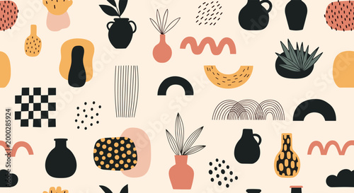 Seamless pattern featuring a variety of modern abstract shapes, ceramic vases, and potted plants in a contemporary style.