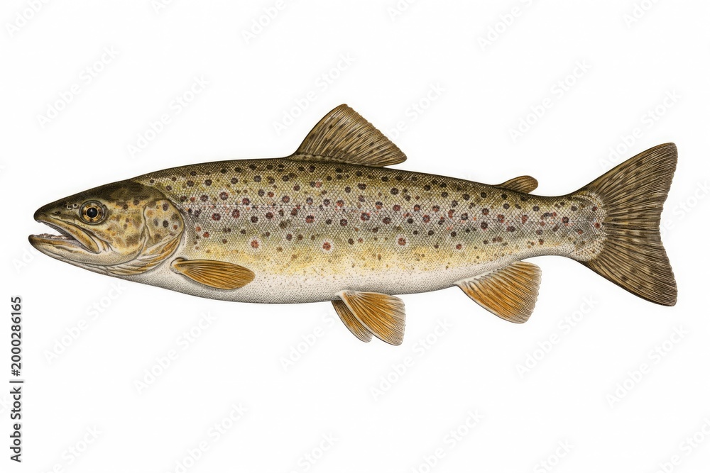 Fototapeta premium Historic river trout drawing isolated on a solid white canvas