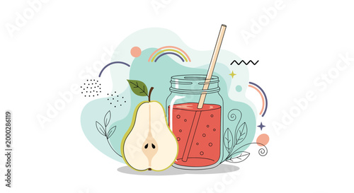 Healthy pear smoothie in a glass jar with a straw surrounded by a half pear and vibrant abstract decorative shapes.