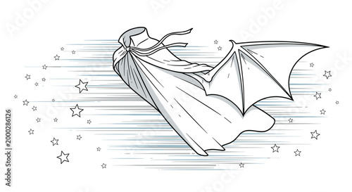 Sketch of a mysterious flying cape with large bat wings surrounded by stars and motion lines on a white background.