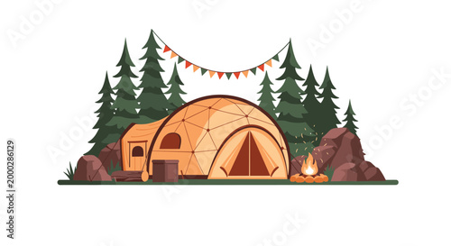 Peaceful camping scene with a modern dome tent, a cozy campfire, and pine trees in a beautiful dense forest landscape.