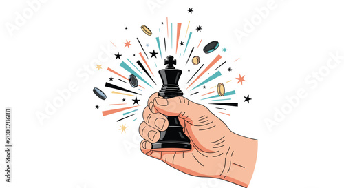 Hand triumphantly holding a black chess king piece surrounded by exploding coins, stars, and colorful rays of light.