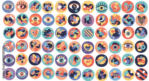 Diverse collection of abstract colorful circular icons featuring eyes, hearts, and various organic flowing shapes.