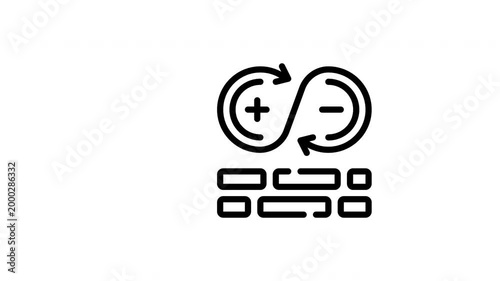 Tool zoom symbols with arrows and keyboard in two circles. Technology concepts, business presentations, software development, coding tutorials, financial analysis.
