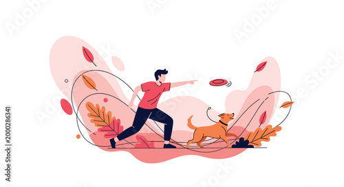 Man in casual clothes having fun playing with his dog and a frisbee in a windy autumn park with falling red leaves.