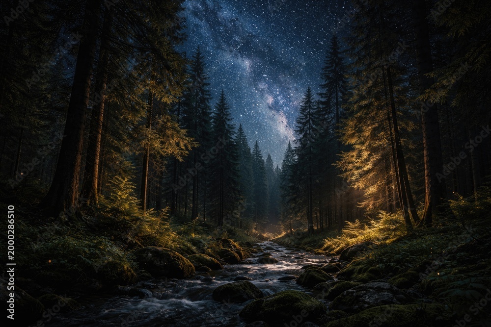 Fototapeta premium Ambiently lit forest under a shimmering star filled sky