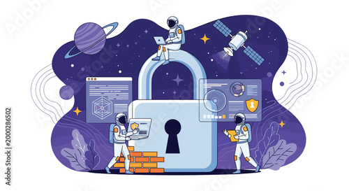 Team of astronauts working together to secure and protect a giant silver padlock in space for cybersecurity concept.