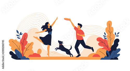 Young man and woman enjoying a fun day outdoors while playing with their dog and throwing a frisbee in a stylized park environment scene.
