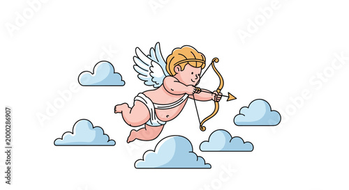 Cute cartoon cupid character flying through the sky and white clouds with a golden bow and arrow ready to strike for love and romance.