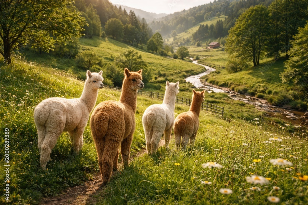 Fototapeta premium Friendly alpacas exploring a vibrant green countryside