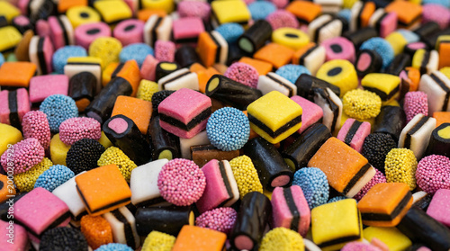 Vintage Licorice Allsorts Candy Abstract Colorful Background for a sweet valentine treat