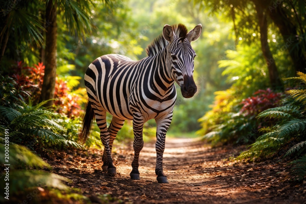 Fototapeta premium Content zebra wandering tropical forest floor illuminated by sunlight with blurred multicolored plants behind