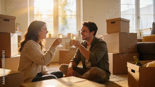 Clinking glasses couple in cardigan and shirt toasting after unpacking boxes at home, wine bottle