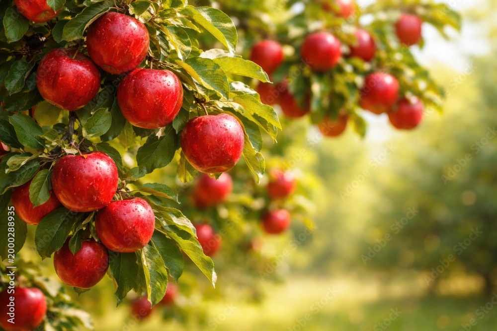 Obraz premium Bright red apples on fruit laden branches with copy space for text